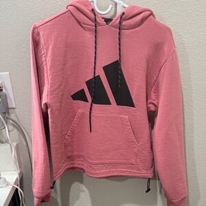 Adidas Women's pink Hoodie with Black Logo (oversized and cropped)